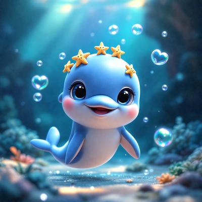 The primary subject of the image is a cute, cartoon-like blue dolphin with a star on its head. The dolphin is smiling and appears to be enjoying its time in the water. The setting is underwater, with the dolphin surrounded by bubbles and a few hearts scattered around the scene. The visual style is a digital art or illustration, creating a whimsical and playful atmosphere. The dominant colors are blue and white, with the star on the dolphin's head